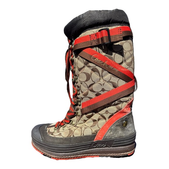 Coach Marian Lace Up Insulated Boots Sz 9.5 Signature Logo Brown & Red Mid Calf - Picture 2 of 7